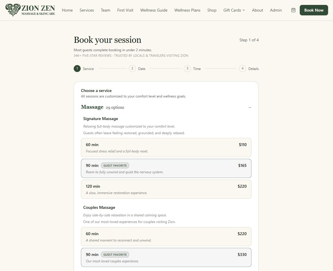 ZionZen client booking flow running in production, showing live availability and service options